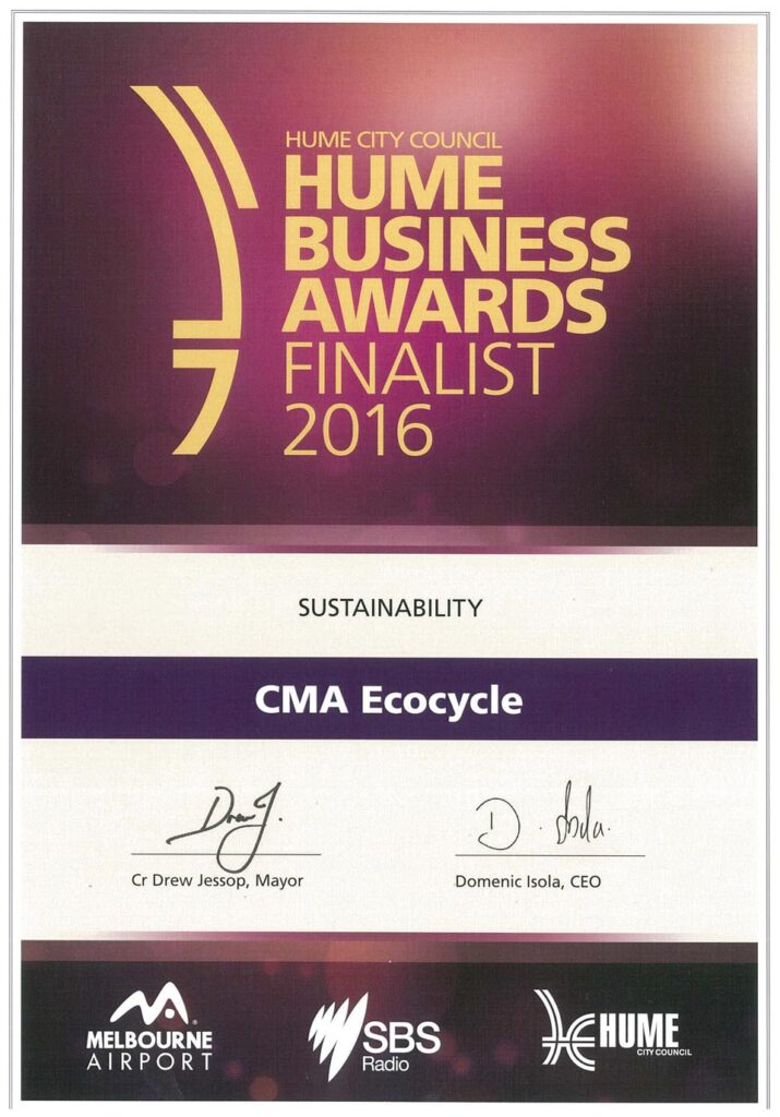 Ecocycle's certificate for Hume Business Awards 2016